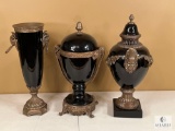 Trio of Gold and Black Urns Approximately 17