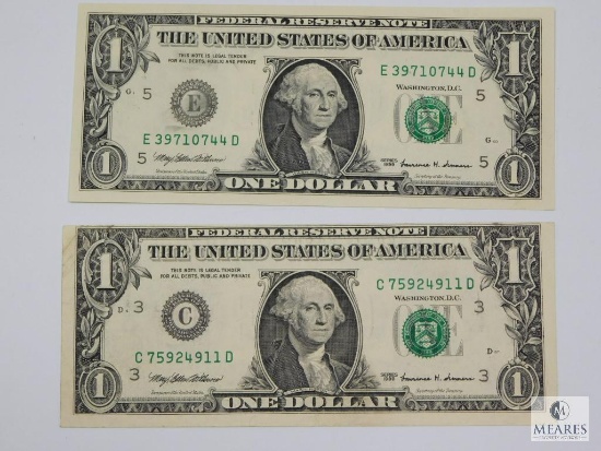 Two 1999 $1.00 Federal Reserve Note Errors, Ink Smear On District Seal On 1 & Misaligned Top On 1