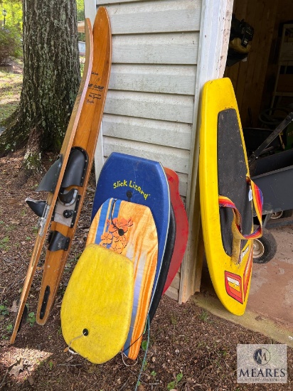Large Lot of Skis, Boogie Boards, Skim Boards and Knee Board