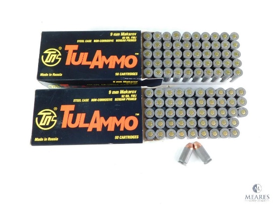 100 Rounds TulAmmo 9mm Makarov 92 Grain FMJ Non-Corrosive Berdan Primed Steel Case