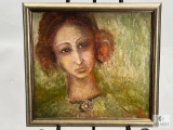 Signed and Framed Female Portrait with Brooch Oil on Canvas