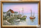 Signed and Framed Fishing Boats by Jones Oil on Canvas