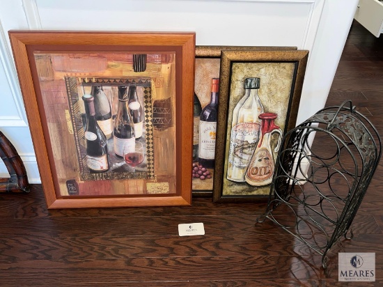 Three Decorator Style Wine Framed Art Pieces & Wine Rack