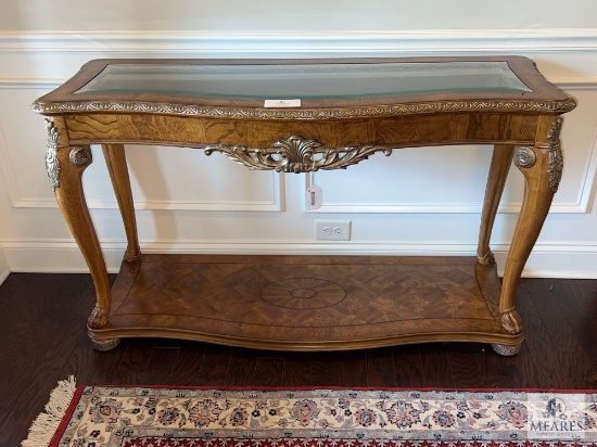 Glass Top Sofa/Entry Table with Beveled Edge Glass and Ornate Design