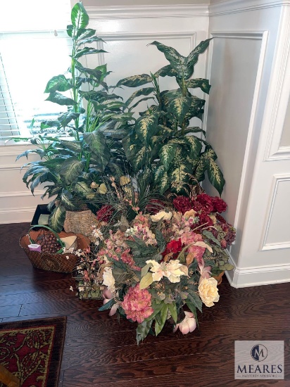 Large Lot of Artificial Flowers, Trees, Pots, and Planters