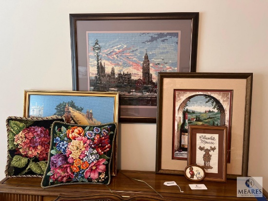 Lot of Five Needlepoint Pieces and Two Needlepoint Pillows