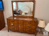 French Provincial Nine-Drawer Dresser with Matching Mirror - Mid-Century Design - Solid Wood