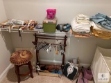 Closet Lot of Linens, Sewing Items, Household and Size 8 Shoes