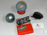 Metal Globe Bank, Porcupine, Signed Paperweight and Vintage Binoculars in the Original Box