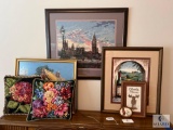 Lot of Five Needlepoint Pieces and Two Needlepoint Pillows