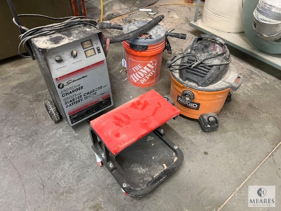 RIDGID Shop Vac, Home Depot Bucket Head and Schumacher Battery Charger