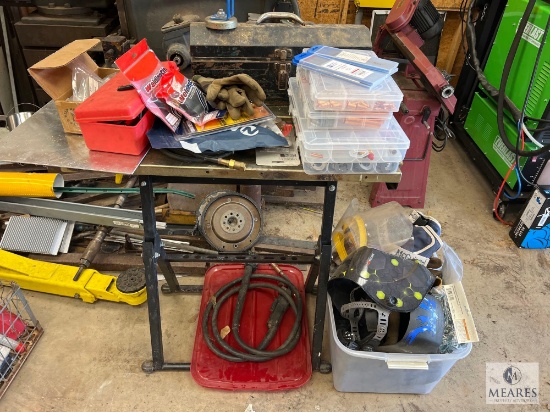 Large Lot of Welding Helmets, Accessories, Tips and Table