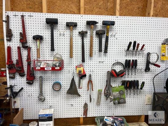 Large Lot of Hand Tools on Pegboard