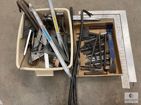 Mixed Lot of Chisels, Carpenter Squares and Hand Tools