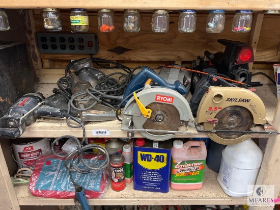 Two Shelves of Power Tools and Consumables