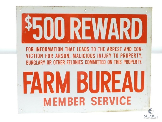 Single-sided Tin Lithograph $500 Reward Farm Bureau Member Service Sign