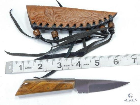 New Burlwood Handle Fixed Blade Skinner With Leather Sheath