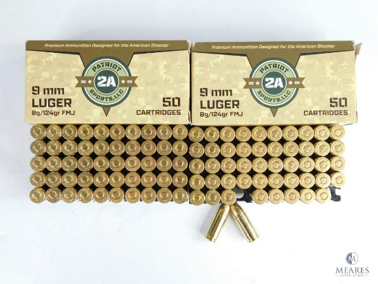 100 Rounds Patriot 2A Sports, LLC 9mm Luger, 8g/124gr, FMJ
