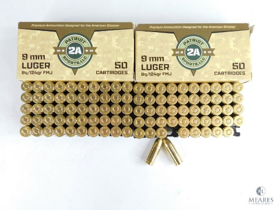 100 Rounds Patriot 2A Sports, LLC 9mm Luger, 8g/124gr, FMJ