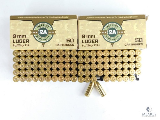 100 Rounds Patriot 2A Sports, LLC 9mm Luger, 8g/124gr, FMJ