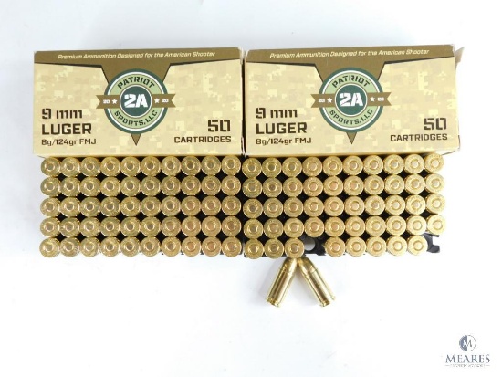 100 Rounds Patriot 2A Sports, LLC 9mm Luger, 8g/124gr, FMJ