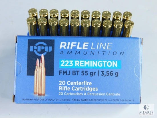 20 Rounds PPU 223 Remington, FMJ BT 55 Grain
