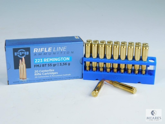 20 Rounds PPU 223 Remington, FMJ BT 55 Grain