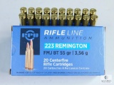 20 Rounds PPU 223 Remington, FMJ BT 55 Grain