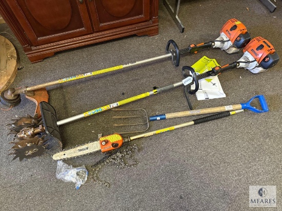 Stihl Gas Weed Eater, Tiller and Saw Attachment, and Hay Rake