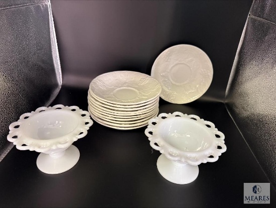 Vintage Milk Glass Lace Pedestal Dishes and Davenport Saucers