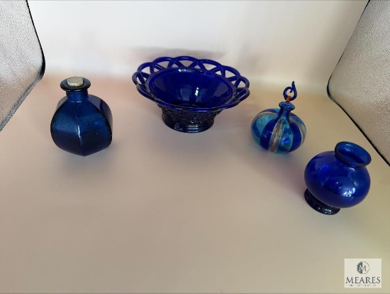 Cobalt Lace Rim Dish and Cobalt Bottles