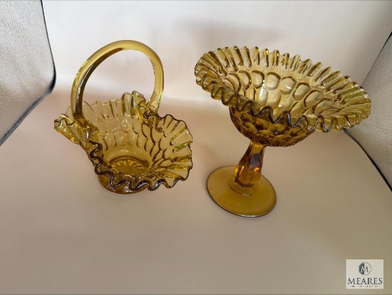 Vintage Fenton Amber Glass Basket and Pedestal Candy Dish