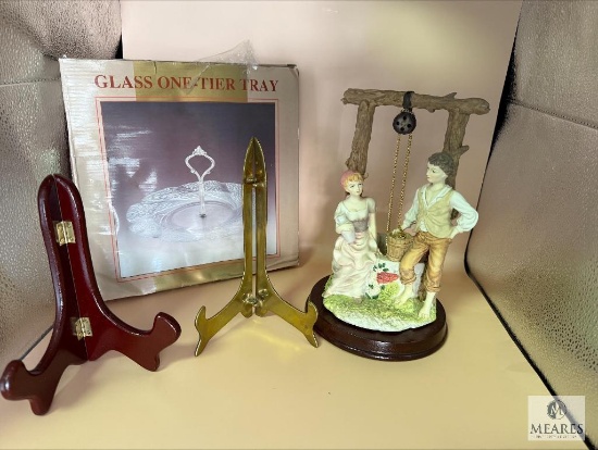 Glass One-Tier Tray, Figurine, Wood Easel and Brass Easel