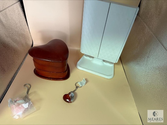 Lighted Mirror, Heart Shaped Jewelry Box and Trinkets