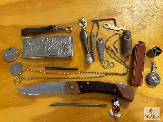 Men's Collectible Lot with Folding Pocket Knife, Pins, Clippers