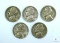 Five Different WWII Jefferson Silver Nickels 1942-P, 1943-P&S, 1944-P, 1945-P