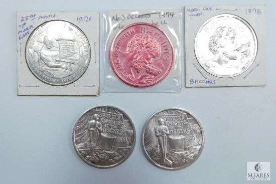 Five Mardi Gras Tokens, Dollar Size, 1970, 74, 78, 90 (2)