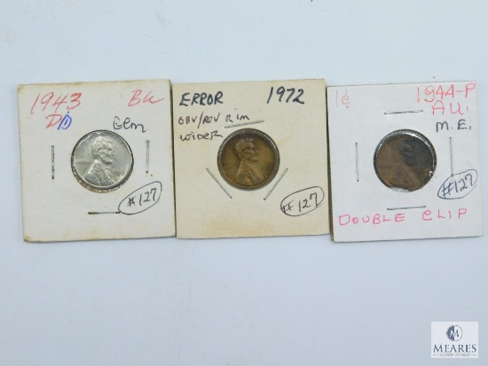3 Lincoln Errors 1943 Steel D/D (BU), 1944 (AU) Double Clip, Scarcer, 1972 Wide Rim