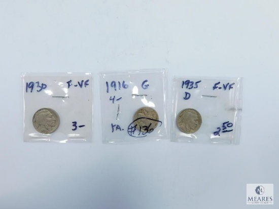 Buffalo Nickels 1916 (G), 1930 (F-VF), 1935-D (F-VF)