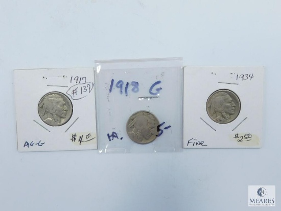 Buffalo Nickels 1917 (AG-G), 1918 (G), 1934 (F)