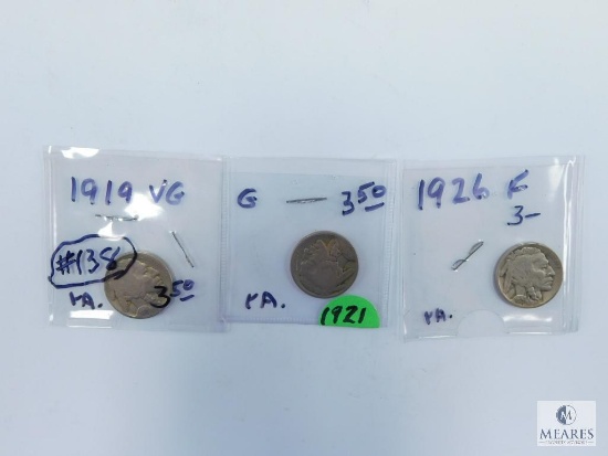 Buffalo Nickels 1919 (VG), 1921 (G), 1926 (F)