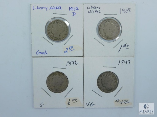 Liberty Nickels 1896 (G), 1987 (VG), 1908 (AG-G), 1912-D (G)