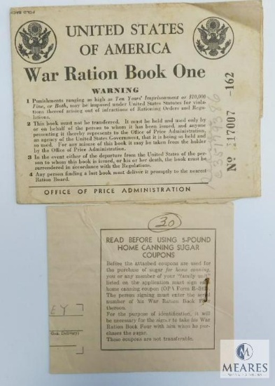 WWII Ration Book One, No Coupons Left, Note Inside Says "9/25/43 10 Lbs. Sugar For Canning"