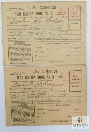 Two Sequentially Numbered WWII Ration Books #3, Has Many Coupons Left
