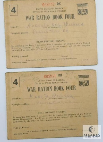 Two Sequentially Numbered WWII Ration Books #4, Has Many Coupons Left