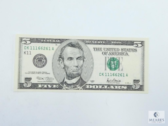 2001 $5.00 Federal Reserve Note, Choice Gem Crisp UNC 67