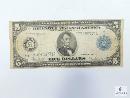 1914 Large Size $5.00 Federal Reserve Note, Richmond, V Fine