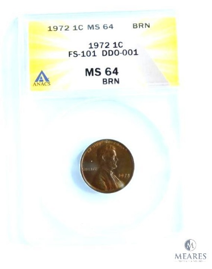 ANACS Graded 1972 Double Die Lincoln Memorial Cent MS64 BRN - FS-101 DD0-001 Variety