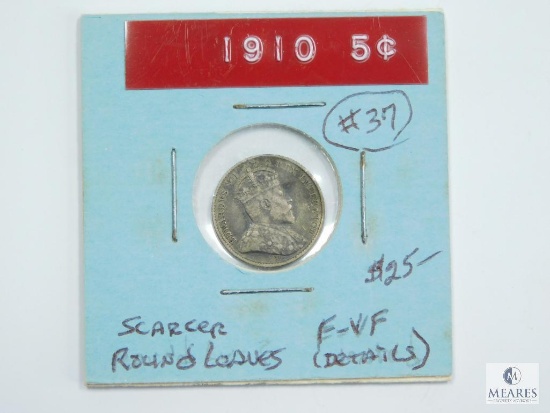 1910 (F-VF) Details Canada Five Cent Piece, Scarce Round Leaves Variety