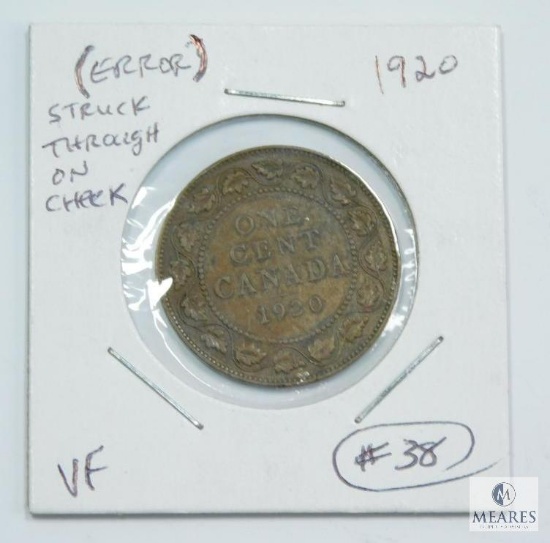 1920 (VF) Canada Large Cent Error, Struck Through Object on Cheek